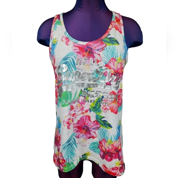 Superdry Tops - Sold Superdry Vintage Logo Hibiscus All Over Print Racerback Tank Top Size 8